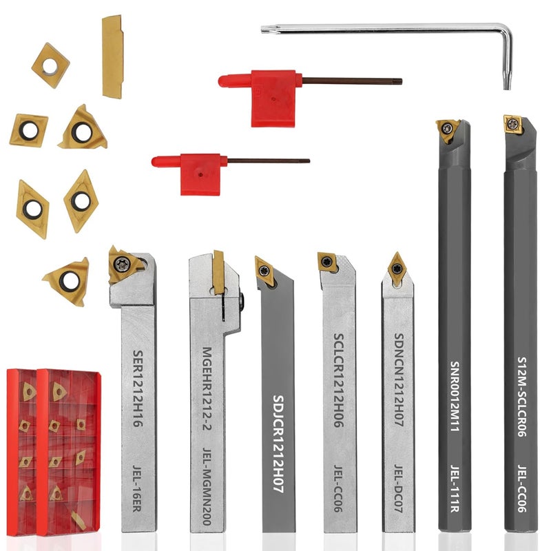 Joogto Indexable Lathe Turning Tool 21Pcs Kit 1/2'' 12mm Shank 7Pcs Metal Lathe Tools Holder Set & 14Pcs Turning Inserts for Turning Grooving Threading Boring, Lathe Tooling Ideal as Gift with Aluminum Box - Image 2